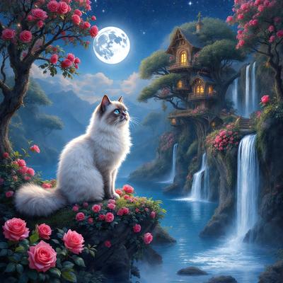 Primary subject: A white cat sitting on a rock.

Setting/background: The cat is sitting on a rock in a forest, surrounded by flowers and a waterfall.

Visual style: The image is a digital art or illustration.

Colors and mood: The image has a warm and serene atmosphere, with the white cat as the main focus.